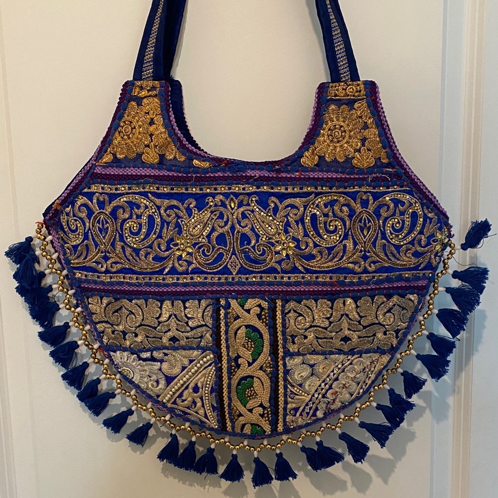 Embroidered Blue & Gold Women's Tassel Tote Bag